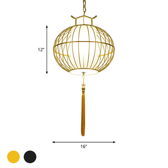 Chinese Style Hanging Pendant Light with Bamboo Shade - Black/Gold Lantern Ceiling Light - Indoor Use - 16"/21.5" W