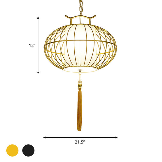 Chinese Style Hanging Pendant Light with Bamboo Shade - Black/Gold Lantern Ceiling Light - Indoor Use - 16"/21.5" W