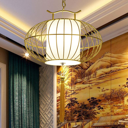 Chinese Style Hanging Pendant Light With Bamboo Shade - Black/Gold Lantern Ceiling For Indoor