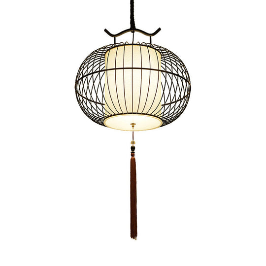 Chinese Style Hanging Pendant Light with Bamboo Shade - Black/Gold Lantern Ceiling Light - Indoor Use - 16"/21.5" W