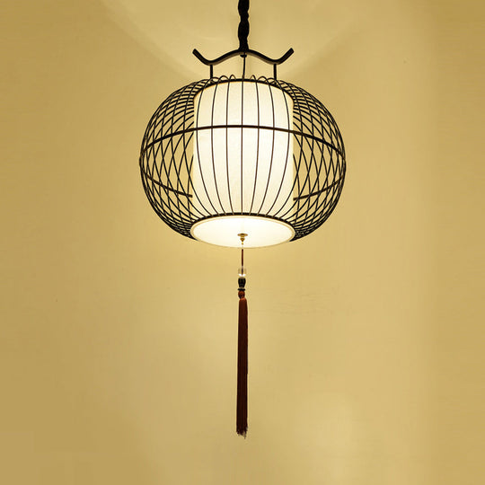 Chinese Style Hanging Pendant Light with Bamboo Shade - Black/Gold Lantern Ceiling Light - Indoor Use - 16"/21.5" W