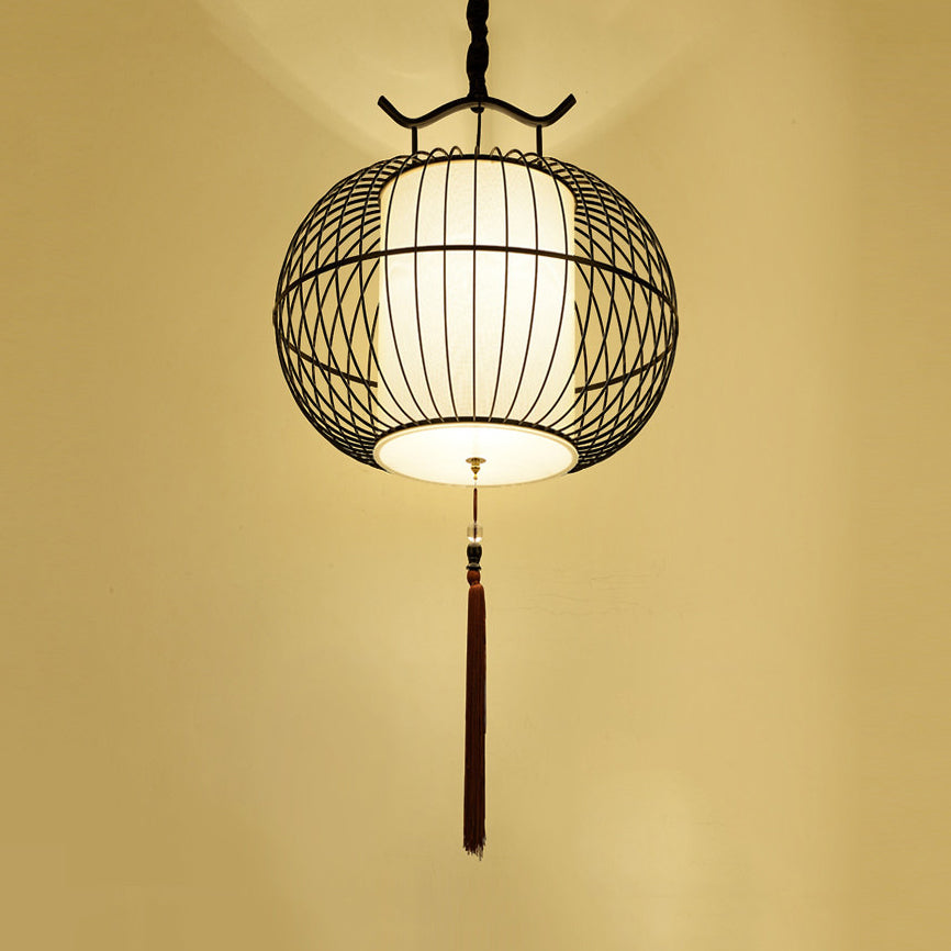 Chinese Style Hanging Pendant Light With Bamboo Shade - Black/Gold Lantern Ceiling For Indoor