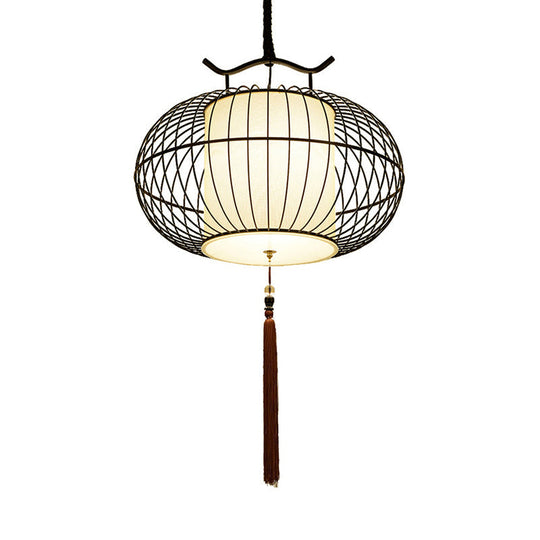 Chinese Style Hanging Pendant Light with Bamboo Shade - Black/Gold Lantern Ceiling Light - Indoor Use - 16"/21.5" W