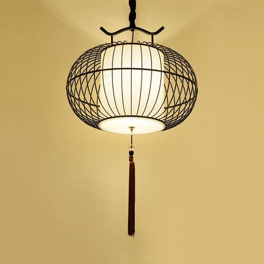 Chinese Style Hanging Pendant Light with Bamboo Shade - Black/Gold Lantern Ceiling Light - Indoor Use - 16"/21.5" W