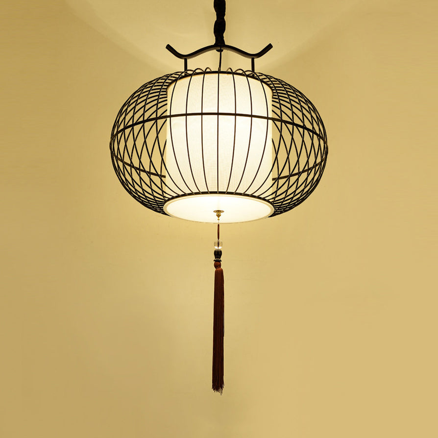 Chinese Style Hanging Pendant Light With Bamboo Shade - Black/Gold Lantern Ceiling For Indoor