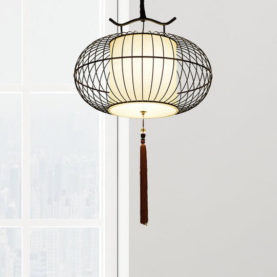 Chinese Style Hanging Pendant Light With Bamboo Shade - Black/Gold Lantern Ceiling For Indoor