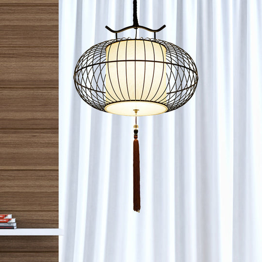 Chinese Style Hanging Pendant Light with Bamboo Shade - Black/Gold Lantern Ceiling Light - Indoor Use - 16"/21.5" W