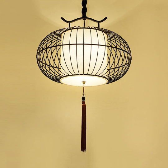 Chinese Style Hanging Pendant Light with Bamboo Shade - Black/Gold Lantern Ceiling Light - Indoor Use - 16"/21.5" W