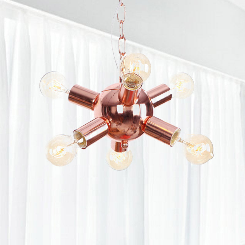 Retro Style Rose Gold Starburst Chandelier - Metallic Suspension Light (6/9 Lights) For Restaurants