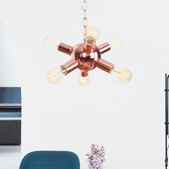 Retro Style Rose Gold Starburst Chandelier - Metallic Suspension Light (6/9 Lights) For Restaurants