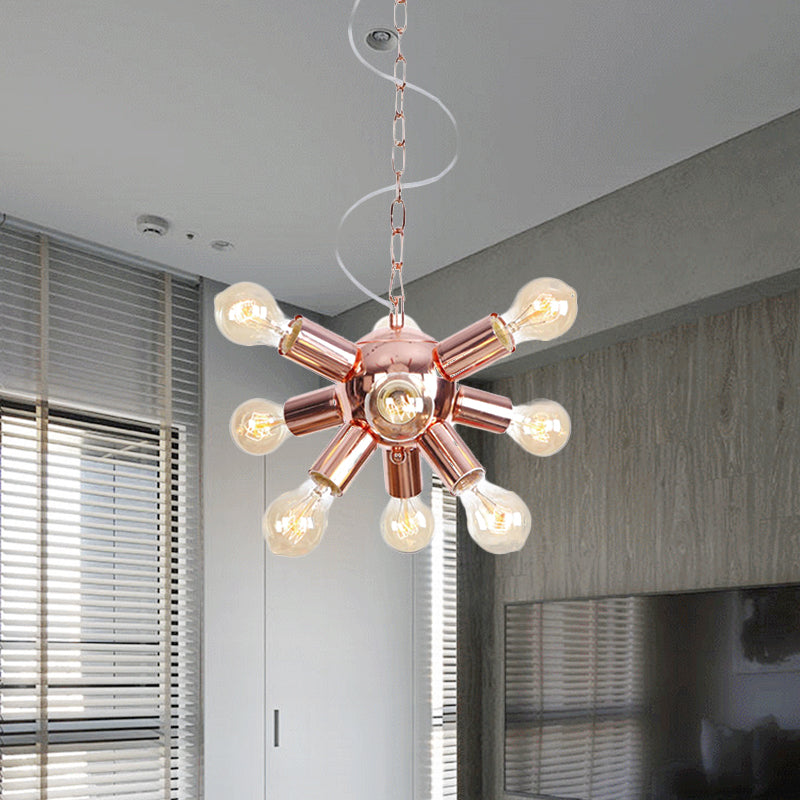 Retro Style Rose Gold Starburst Chandelier - Metallic Suspension Light (6/9 Lights) For Restaurants