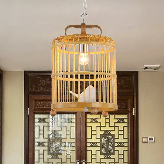 Bamboo Birdcage Pendant Light With Chinese Style Bird Accent - Beige Hanging Lamp 8/10 Width