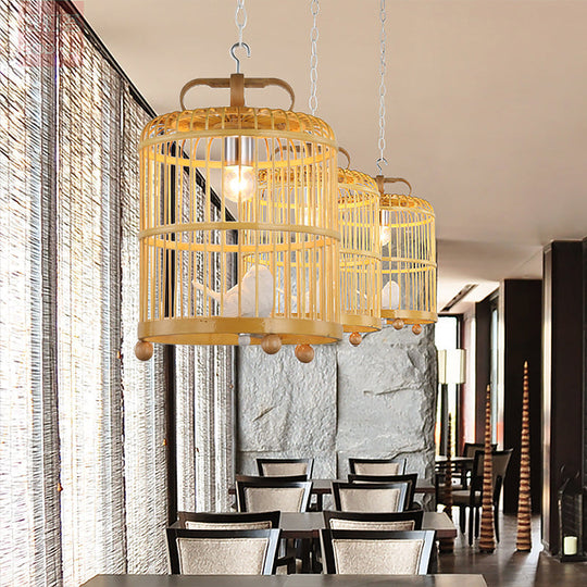 Bamboo Birdcage Pendant Light With Chinese Style Bird Accent - Beige Hanging Lamp 8/10 Width