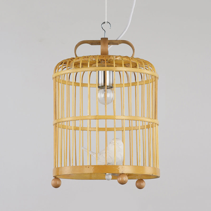 Bamboo Birdcage Pendant Light With Chinese Style Bird Accent - Beige Hanging Lamp 8/10 Width