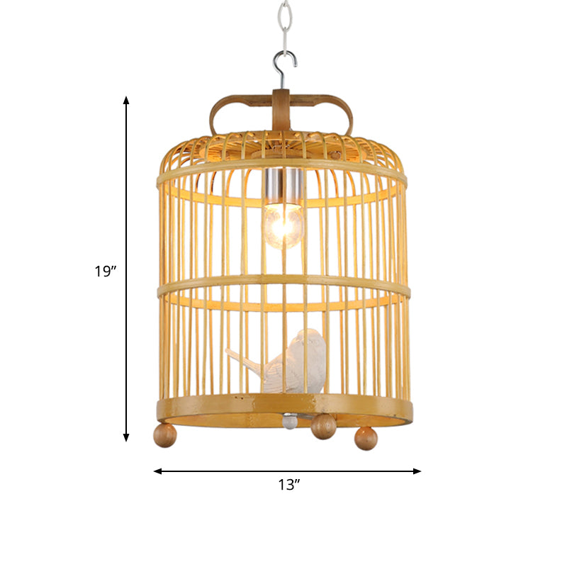 Bamboo Birdcage Pendant Light With Chinese Style Bird Accent - Beige Hanging Lamp 8/10 Width