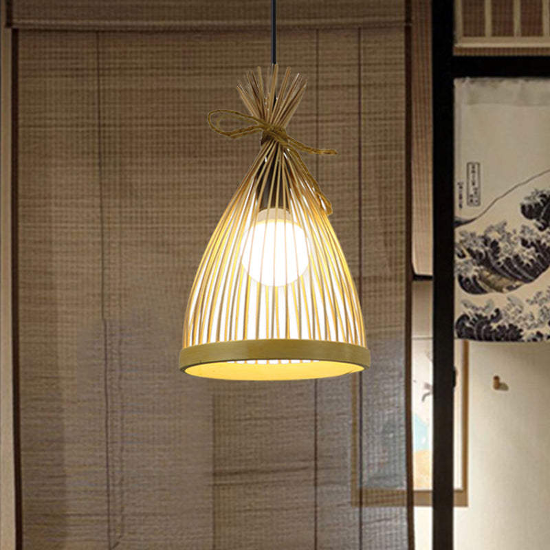 Modern Restaurant Pendant Lamp With Bamboo Shade - Black/Beige 8/10 W