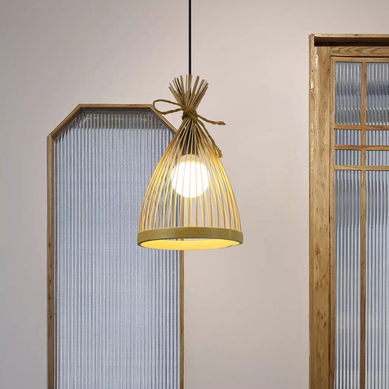 Modern Restaurant Pendant Lamp: Conical Bamboo Shade Black/Beige Hanging Ceiling Light (8/10 W)