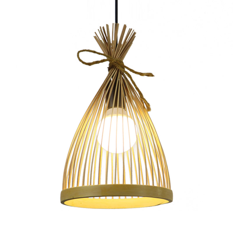 Modern Restaurant Pendant Lamp With Bamboo Shade - Black/Beige 8/10 W