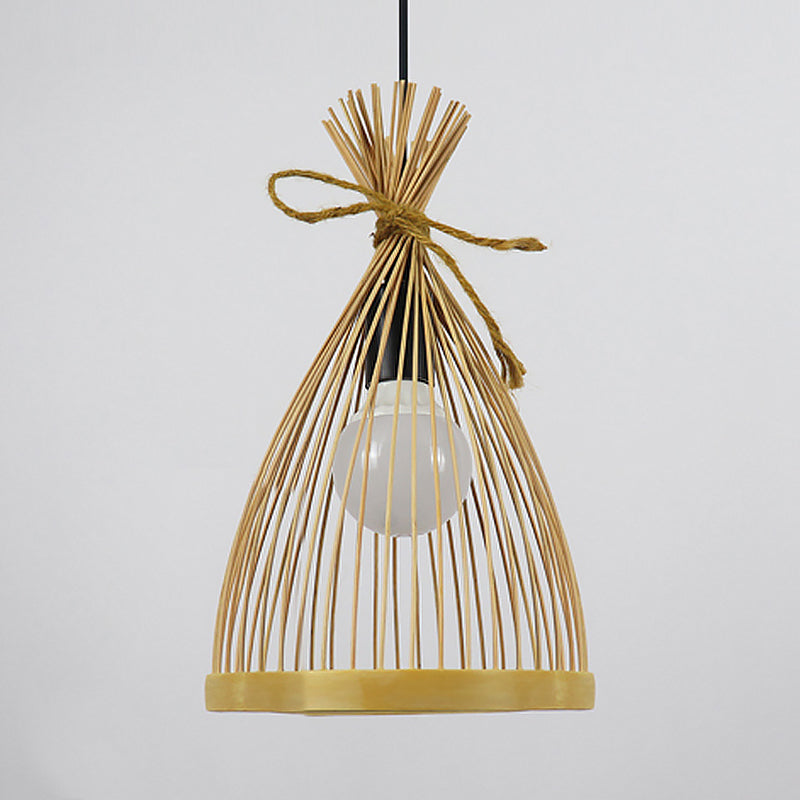 Modern Restaurant Pendant Lamp With Bamboo Shade - Black/Beige 8/10 W