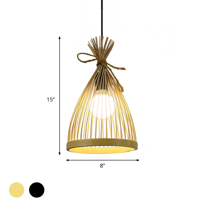 Modern Restaurant Pendant Lamp With Bamboo Shade - Black/Beige 8/10 W