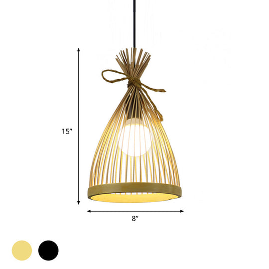 Modern Restaurant Pendant Lamp: Conical Bamboo Shade Black/Beige Hanging Ceiling Light (8/10 W)