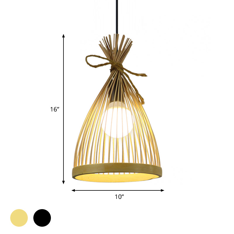 Modern Restaurant Pendant Lamp: Conical Bamboo Shade Black/Beige Hanging Ceiling Light (8/10 W)