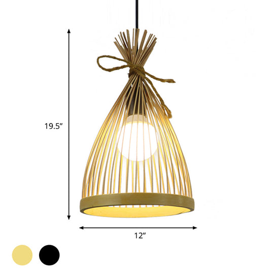 Modern Restaurant Pendant Lamp With Bamboo Shade - Black/Beige 8/10 W