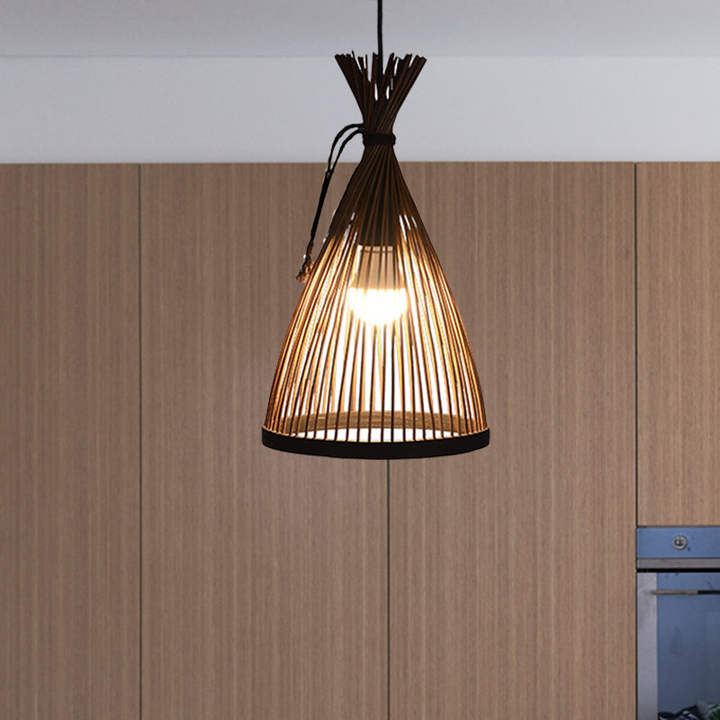 Modern Restaurant Pendant Lamp With Bamboo Shade - Black/Beige 8/10 W