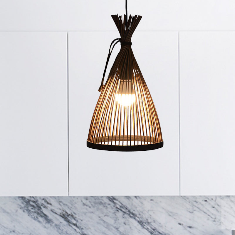 Modern Restaurant Pendant Lamp With Bamboo Shade - Black/Beige 8/10 W