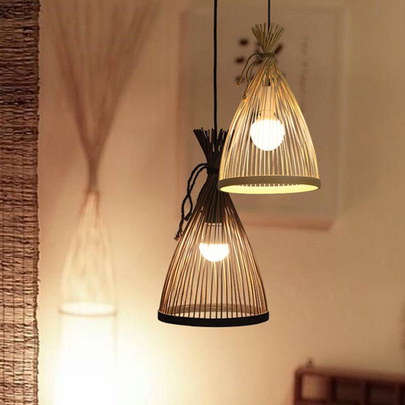 Modern Restaurant Pendant Lamp With Bamboo Shade - Black/Beige 8/10 W