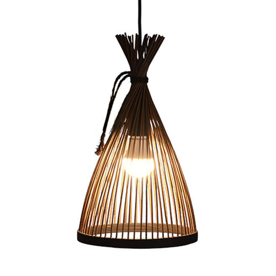 Modern Restaurant Pendant Lamp: Conical Bamboo Shade Black/Beige Hanging Ceiling Light (8/10 W)