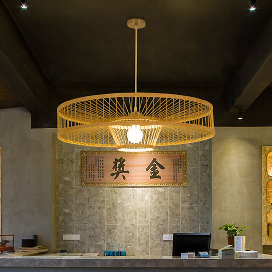 Artisan Handmade Round Bamboo Pendant Light For Restaurants - 1-Light Asian Ceiling