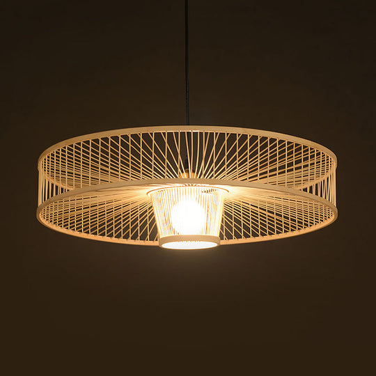 Artisan Handmade Round Bamboo Pendant Light For Restaurants - 1-Light Asian Ceiling