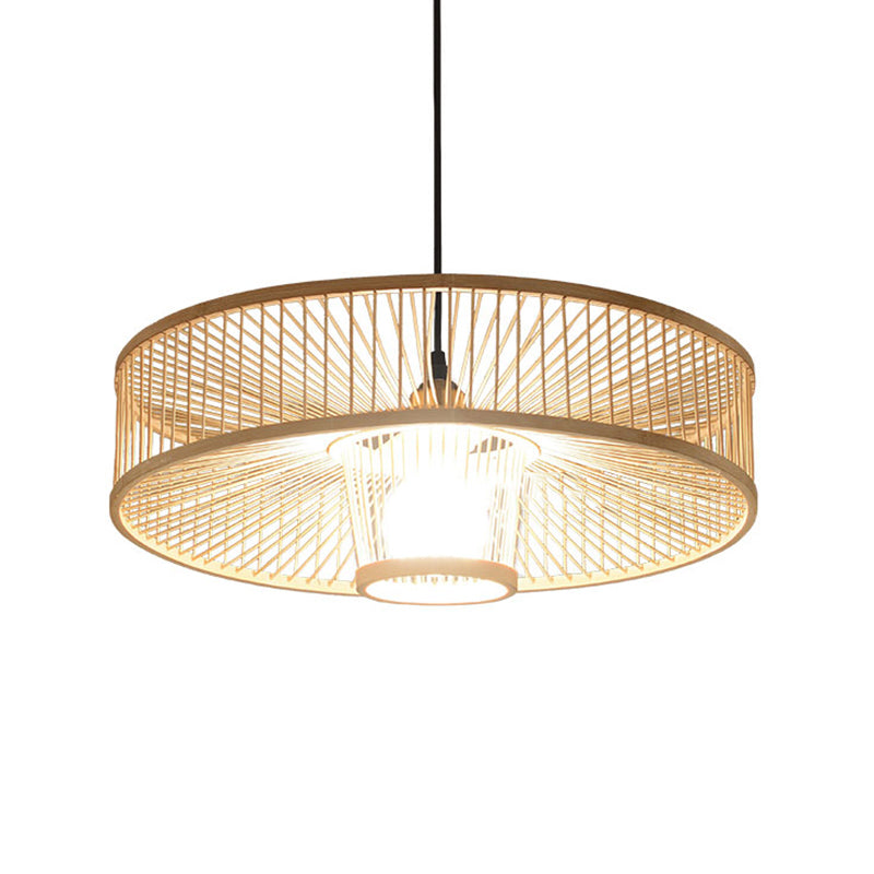 Artisan Handmade Round Bamboo Pendant Light For Restaurants - 1-Light Asian Ceiling