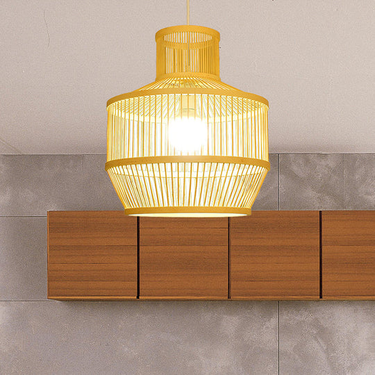 Bamboo Pendant Light With Shade: Hand Woven Countryside Style 1-Light Beige Suspension For