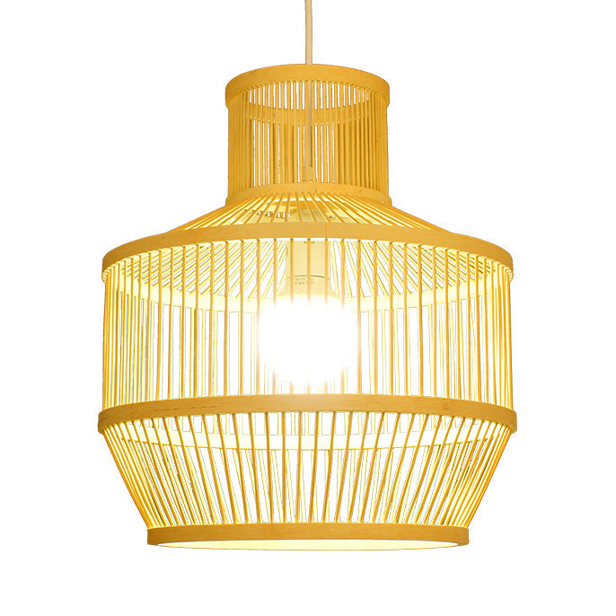 Bamboo Pendant Light With Shade: Hand Woven Countryside Style 1-Light Beige Suspension For