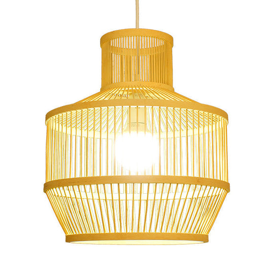 Bamboo Pendant Light With Shade: Hand Woven Countryside Style 1-Light Beige Suspension For