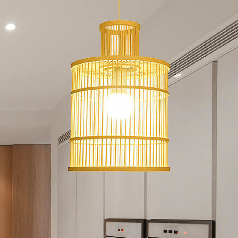 Bamboo Pendant Light With Shade: Hand Woven Countryside Style 1-Light Beige Suspension For