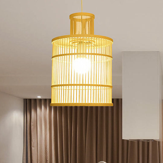 Bamboo Pendant Light With Shade: Hand Woven Countryside Style 1-Light Beige Suspension For