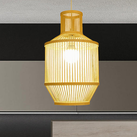 Bamboo Pendant Light With Shade: Hand Woven Countryside Style 1-Light Beige Suspension For