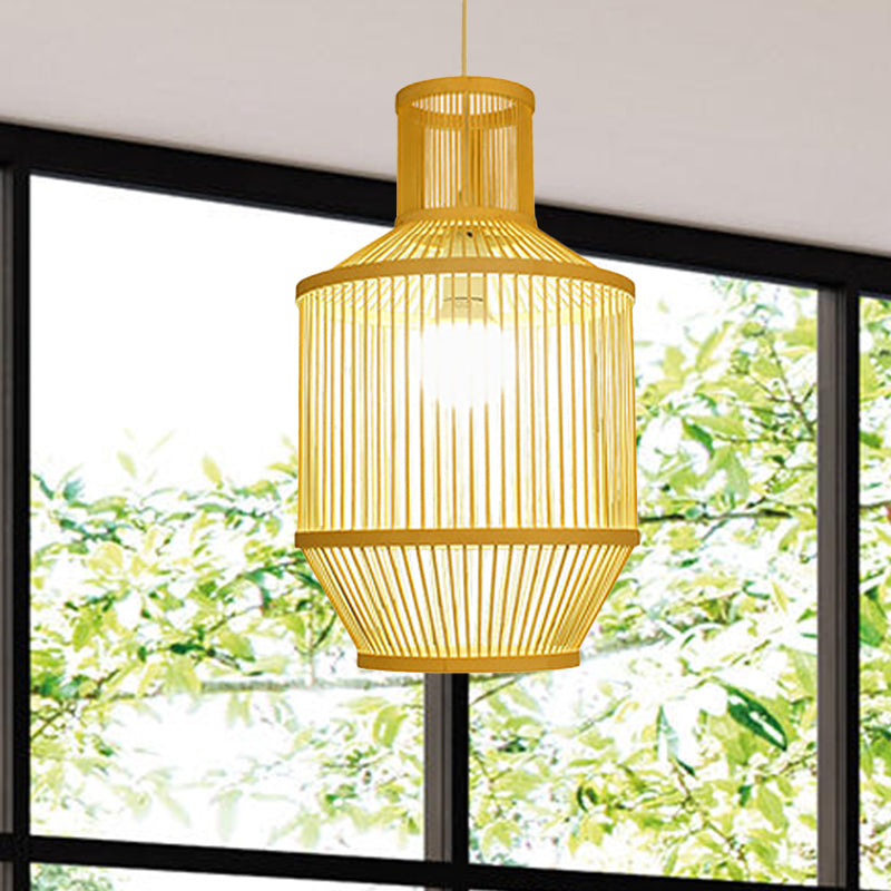 Bamboo Pendant Light With Shade: Hand Woven Countryside Style 1-Light Beige Suspension For