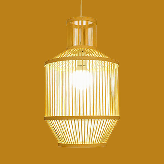 Bamboo Pendant Light With Shade: Hand Woven Countryside Style 1-Light Beige Suspension For