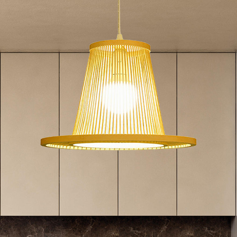 Bamboo Pendant Light With Shade: Hand Woven Countryside Style 1-Light Beige Suspension For