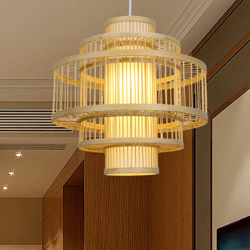 Bamboo Hanging Pendant With Tiered Design And Cylinder Shade - 1 Light In Beige