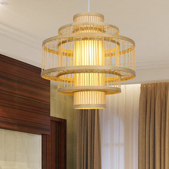 Bamboo Hanging Pendant With Tiered Design And Cylinder Shade - 1 Light In Beige