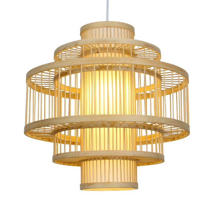 Bamboo Hanging Pendant With Tiered Design And Cylinder Shade - 1 Light In Beige