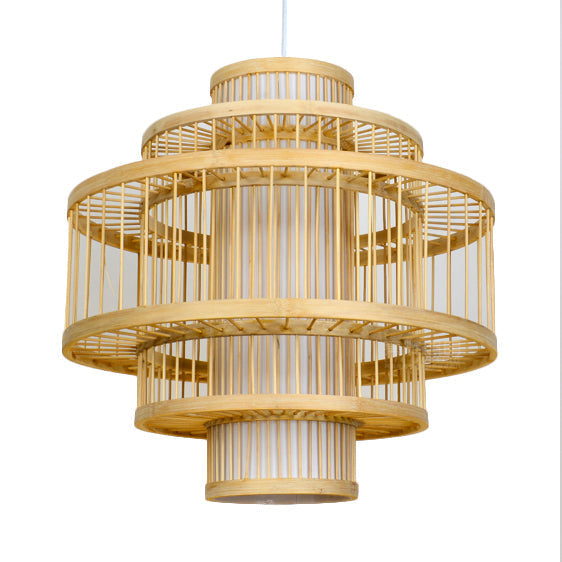 Bamboo Hanging Pendant With Tiered Design And Cylinder Shade - 1 Light In Beige