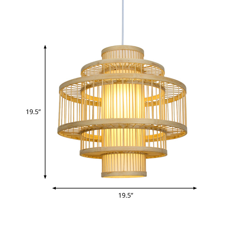 Bamboo Hanging Pendant With Tiered Design And Cylinder Shade - 1 Light In Beige