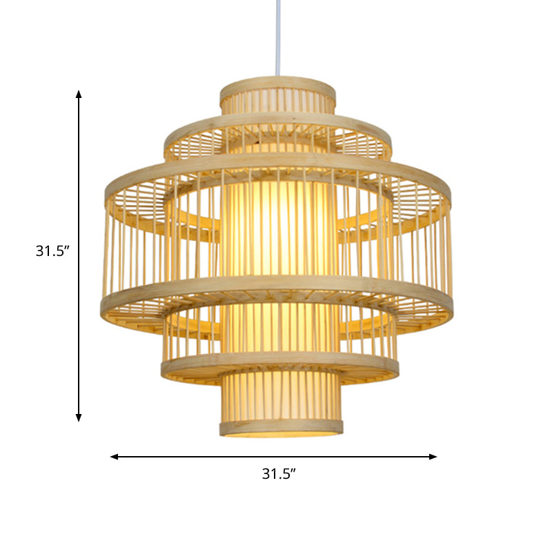 Bamboo Hanging Pendant With Tiered Design And Cylinder Shade - 1 Light In Beige