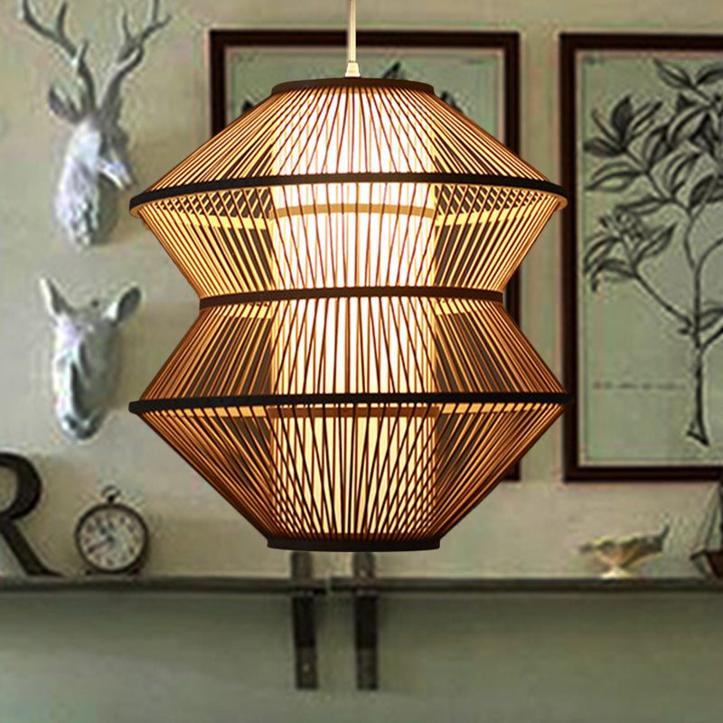 Bamboo Open-Weave Ceiling Lamp: Contemporary Indoor Hanging Light With Beige Inner Shade